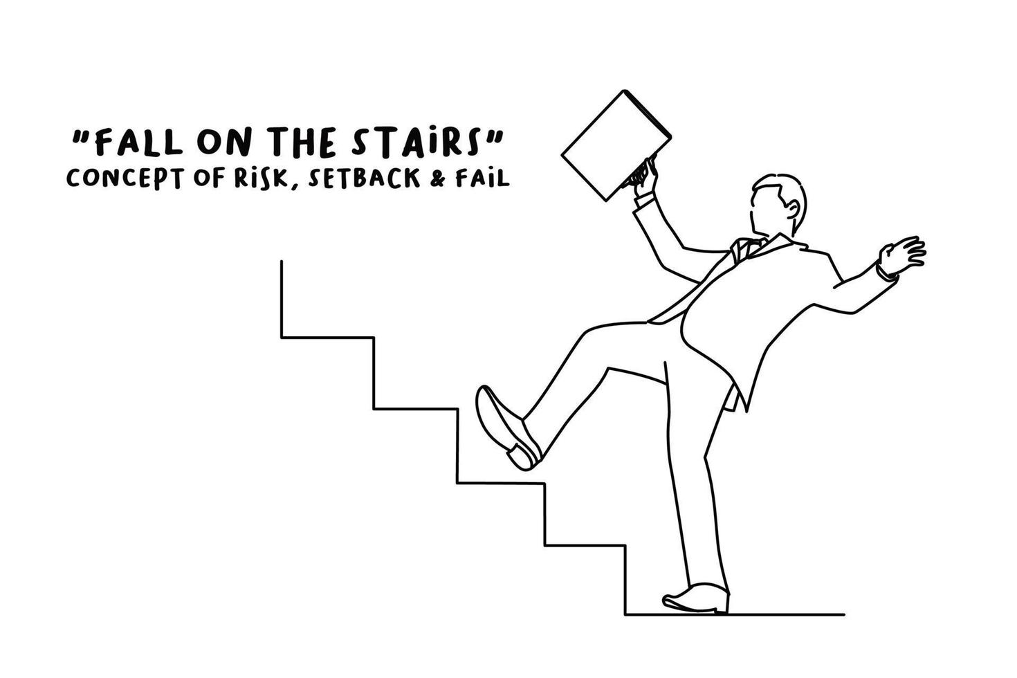 dessin animé d'un homme d'affaires stressé tombant d'un escalier d'échelle se sentant paniqué. crise d'entreprise et métaphore de l'échec. art de style de dessin de contour vecteur