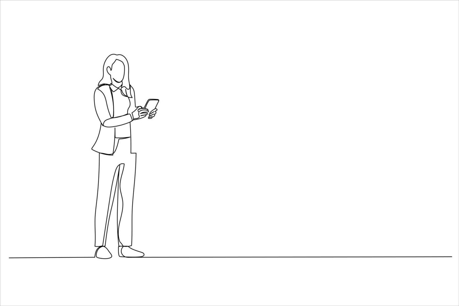 dessin animé de femme d'affaires tapant sur un téléphone portable. dessin au trait continu vecteur