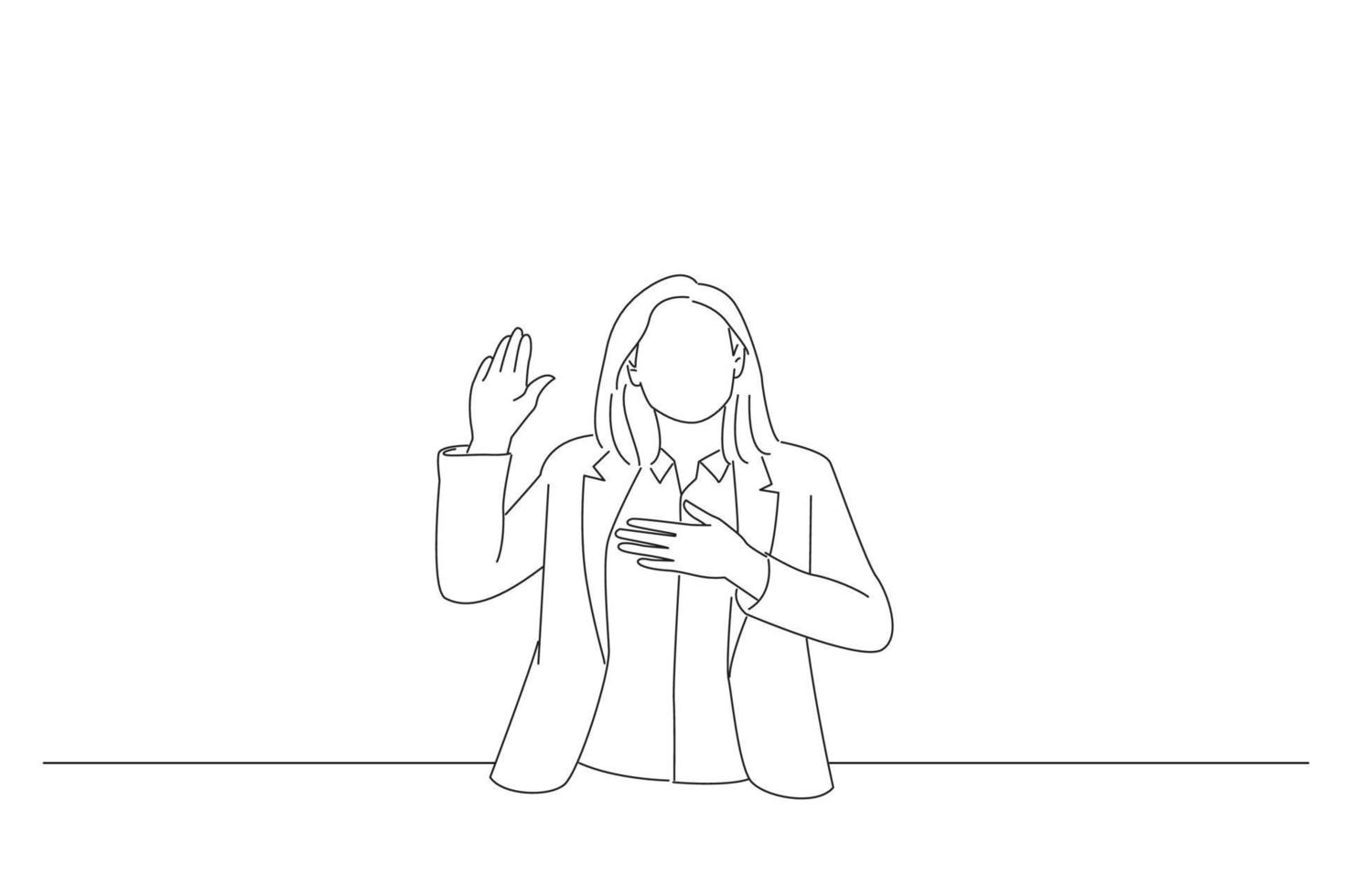 illustration d'une jeune femme portant un style d'affaires avec la main sur la poitrine et la paume ouverte, faisant un serment de promesse de fidélité. art de style de dessin de contour vecteur