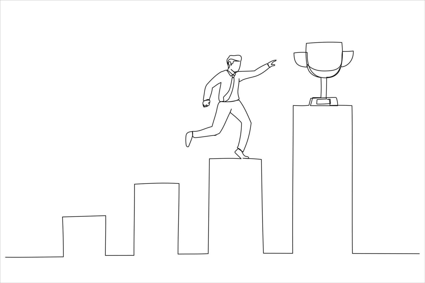 illustration d'homme d'affaires professionnel intensifier le graphique à barres de plus en plus pour gagner le trophée. gagnant d'entreprise, réalisation ou prix. un style d'art en ligne continue vecteur