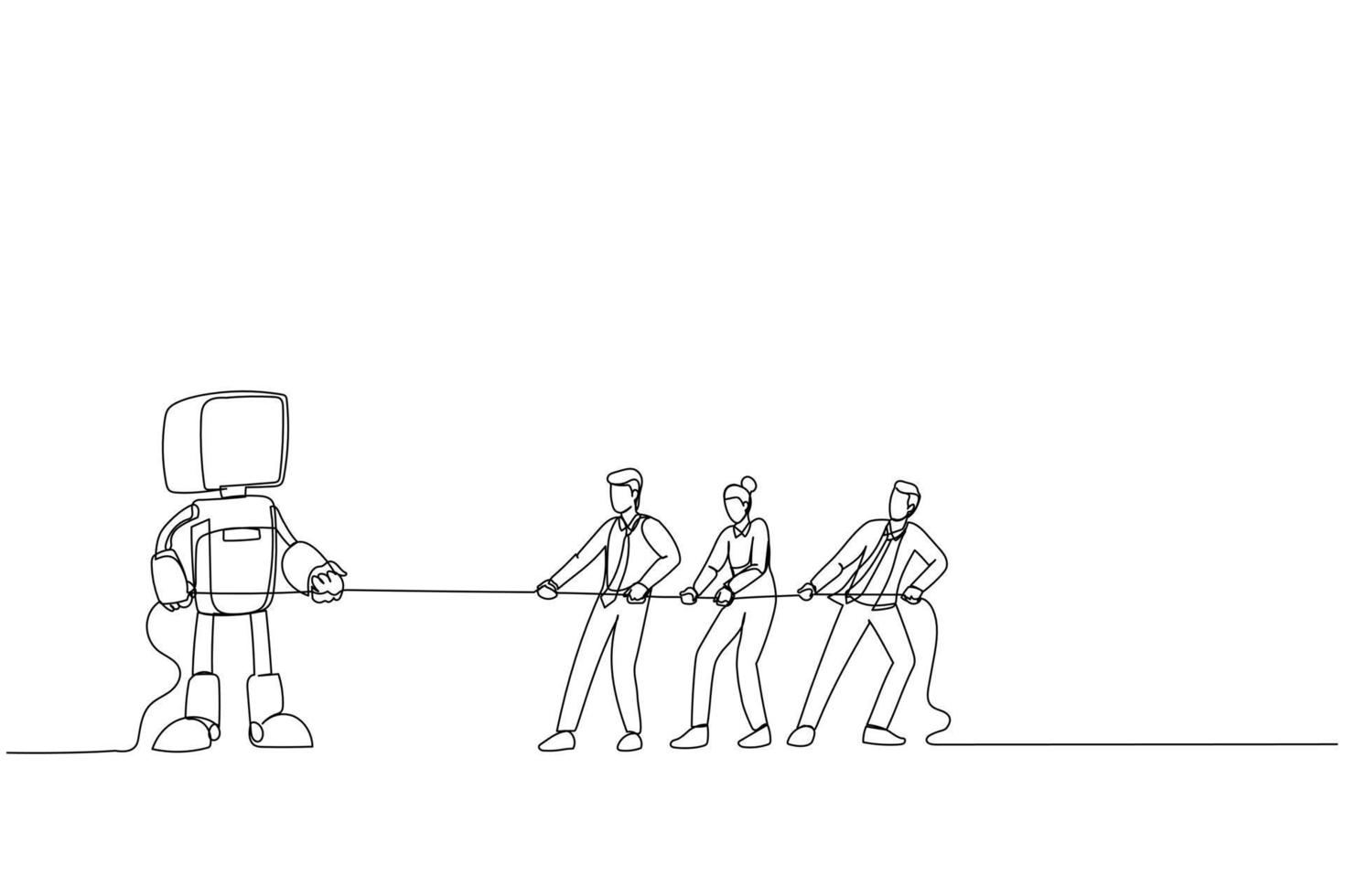 dessin d'un travail d'équipe tirant une corde contre un robot doté d'une intelligence artificielle. métaphore de la compétition technologique ai. style d'art en ligne unique vecteur