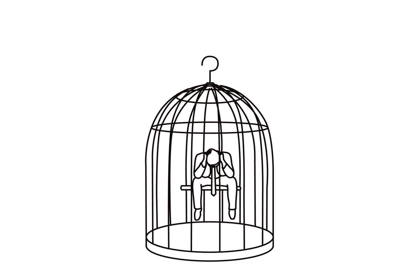 dessin d'un homme d'affaires désespéré seul dans une cage à oiseaux veut démissionner. dessin au trait continu unique vecteur