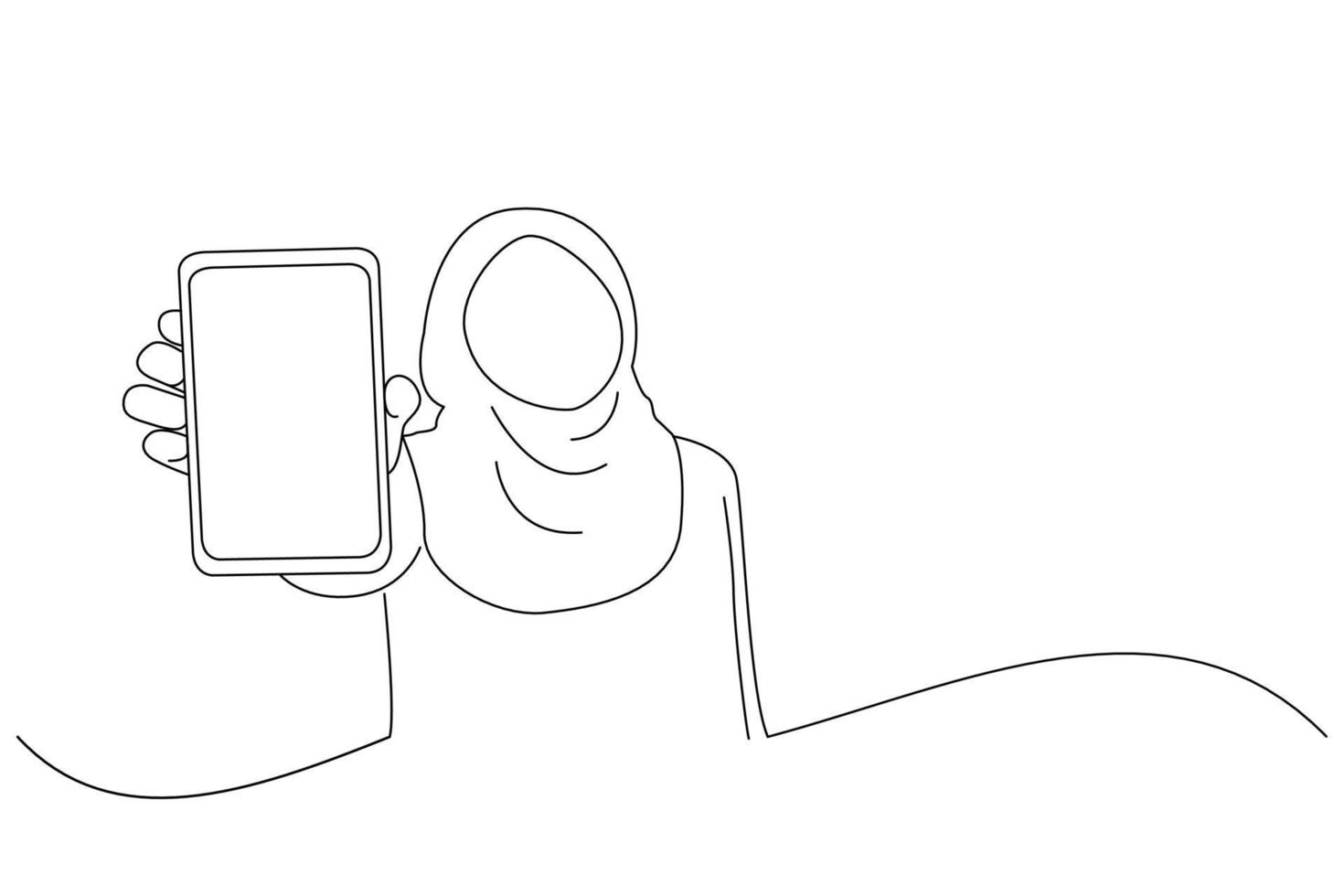 dessin animé d'une femme musulmane asiatique regardant la caméra et montre son téléphone intelligent, maquette de téléphone. style de dessin au trait vecteur