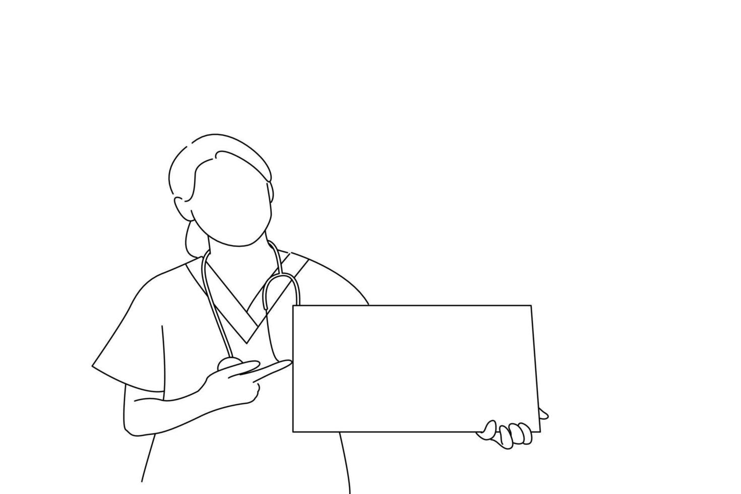 dessin animé d'une infirmière montrant un panneau d'affichage médical debout, montrant un panneau d'affichage vierge vide avec espace de copie. style de dessin d'art en ligne vecteur