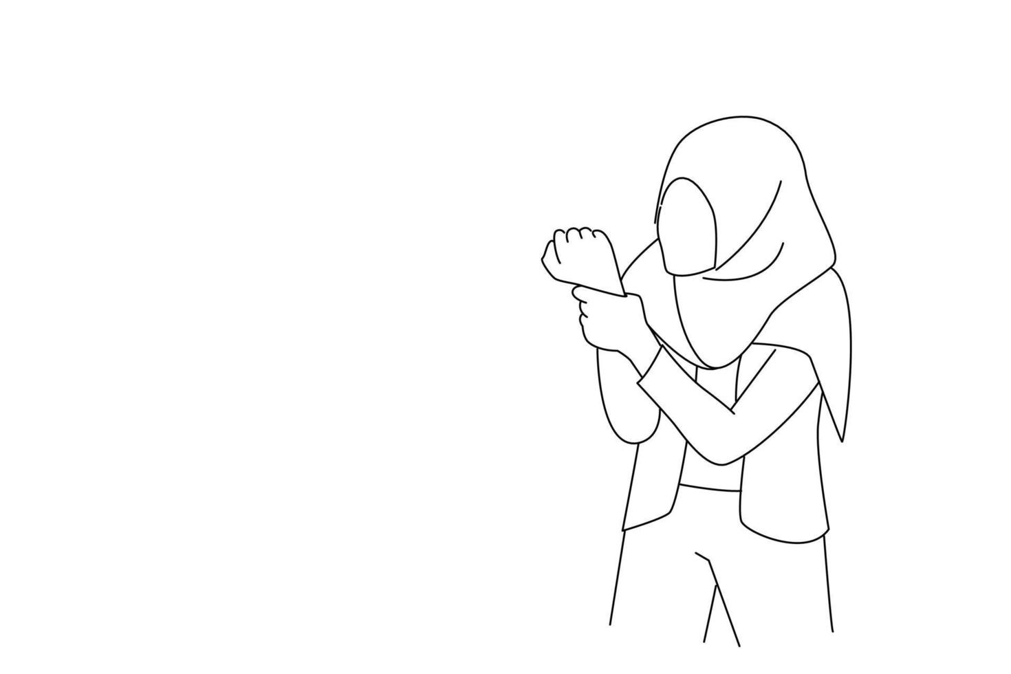 dessin animé d'une jeune femme musulmane tenant le poignet ou la main avec douleur, concept de maladie cts, douleur au poignet. style d'art en ligne continue unique vecteur
