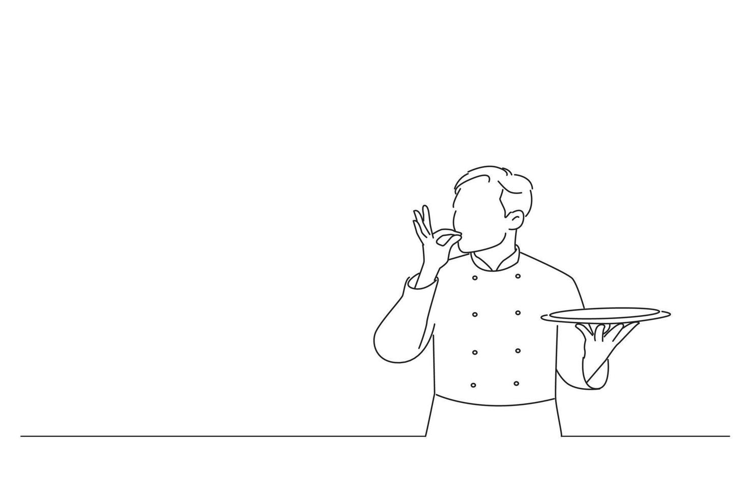 illustration d'un jeune chef cuisinier ou boulanger homme en chemise uniforme blanche posant tenir des assiettes vides, faisant signe de plaisir gustatif correct. un dessin au trait vecteur