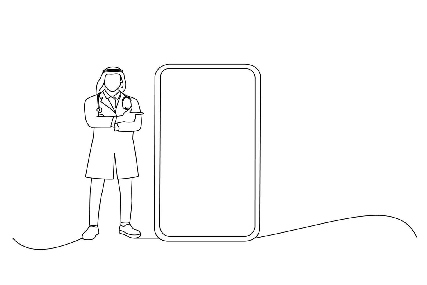 dessin animé d'un médecin de sexe masculin du moyen-orient dans des verres et un uniforme blanc pointant le doigt sur un grand écran de téléphone. un dessin au trait vecteur