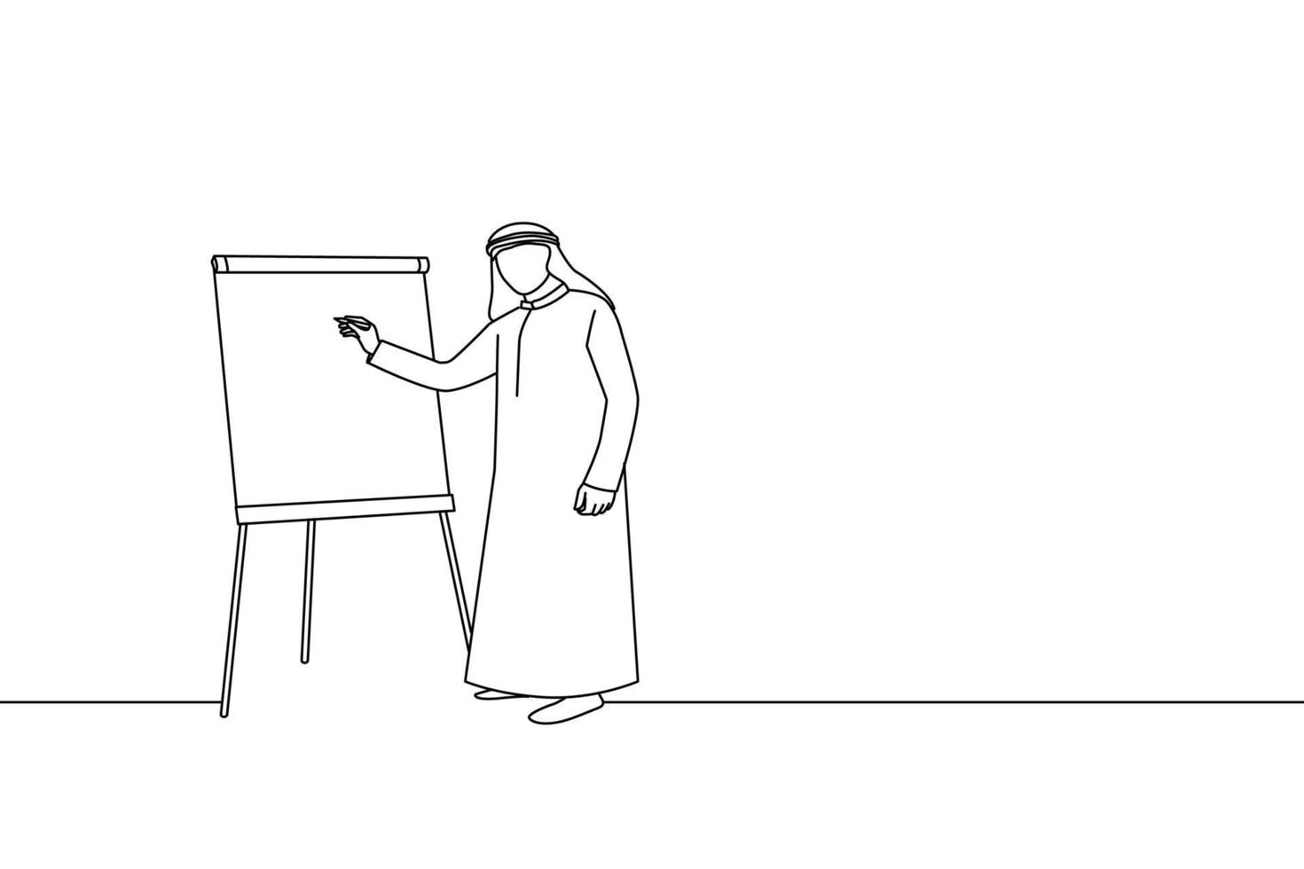 dessin animé d'un homme d'affaires arabe donnant une présentation avec un tableau à feuilles mobiles. style de dessin au trait vecteur