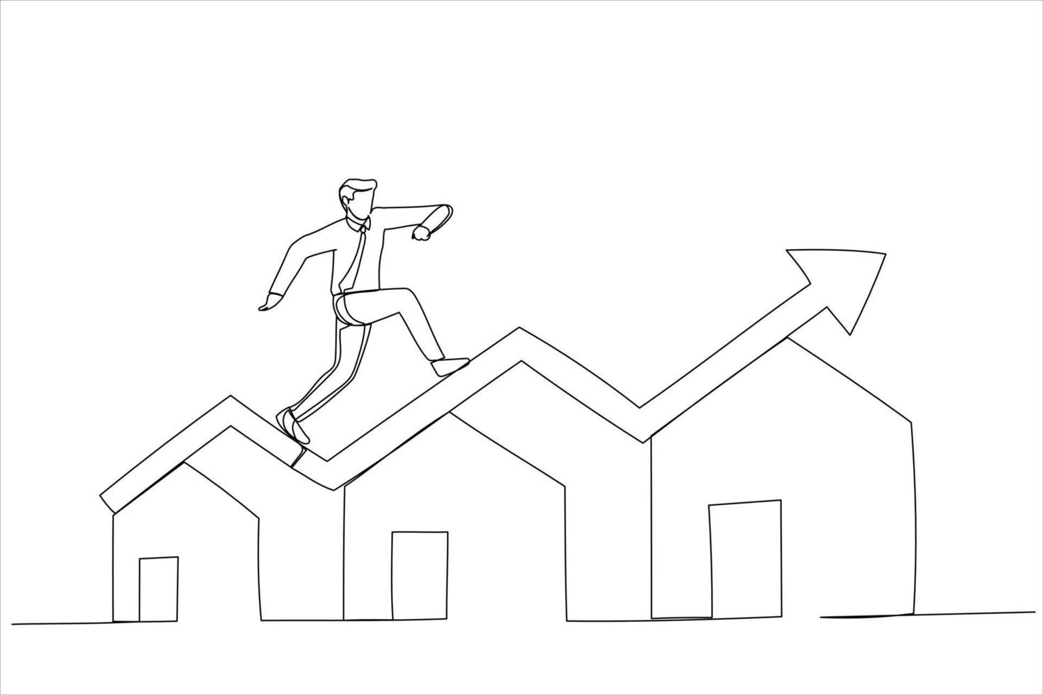 dessin d'homme d'affaires en cours d'exécution sur un graphique vert en hausse sur le toit de la maison. hausse du prix du logement. dessin au trait continu unique vecteur