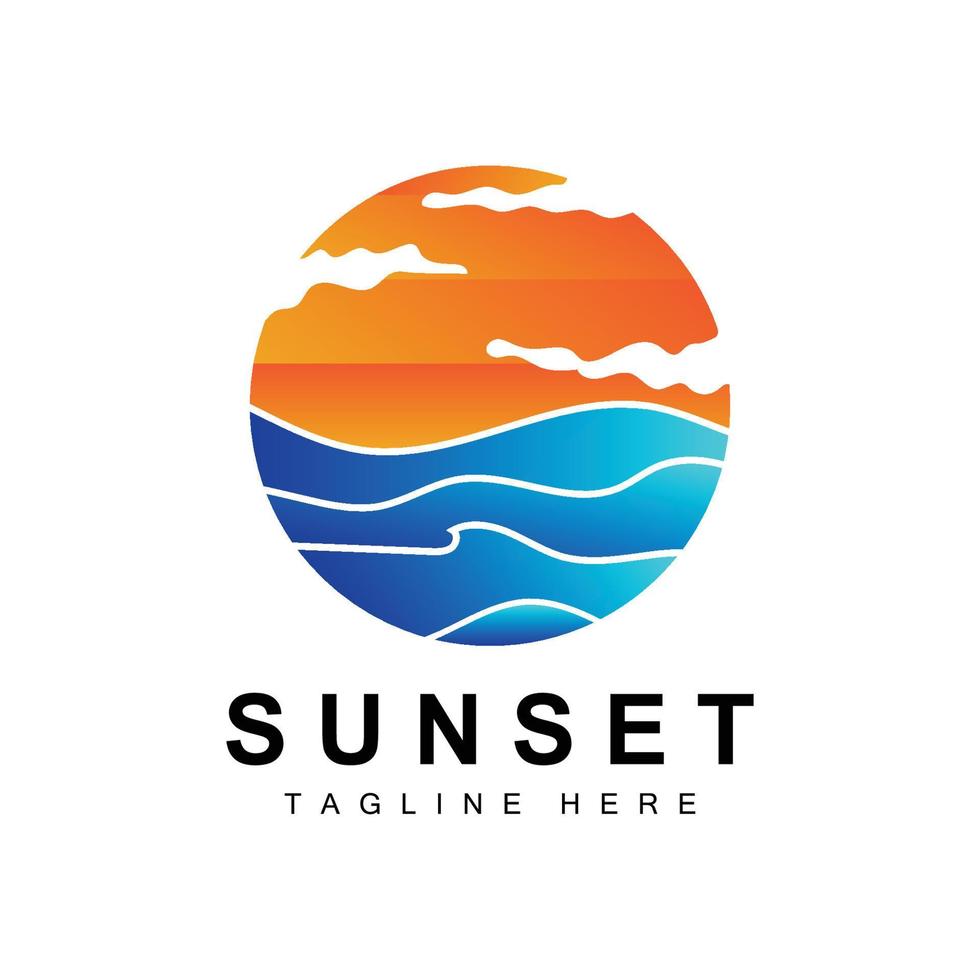 création de logo de plage au coucher du soleil, illustration de paysage marin, vecteur de lieu de vacances de jour rouge
