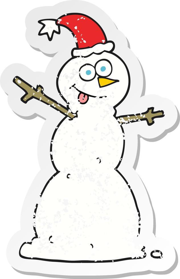 autocollant rétro en détresse d'un bonhomme de neige de dessin animé vecteur
