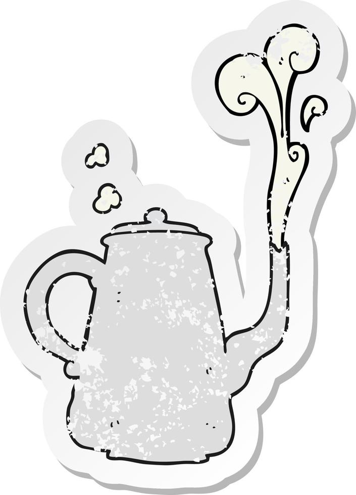 autocollant rétro en détresse d'une cafetière fumante de dessin animé vecteur