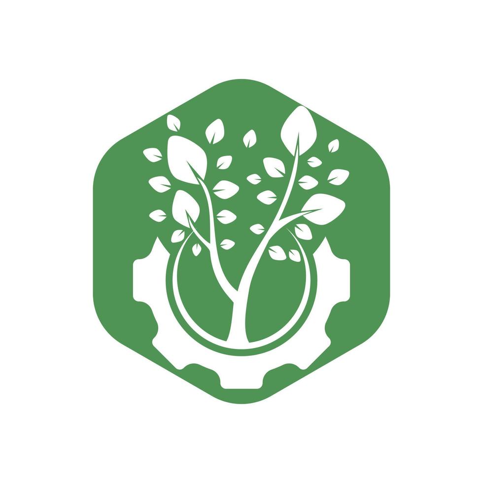 modèle de conception de logo vectoriel d'arbre à engrenages. logo de la technologie de la nature moderne. concept de logo vert eco tech et industrie.