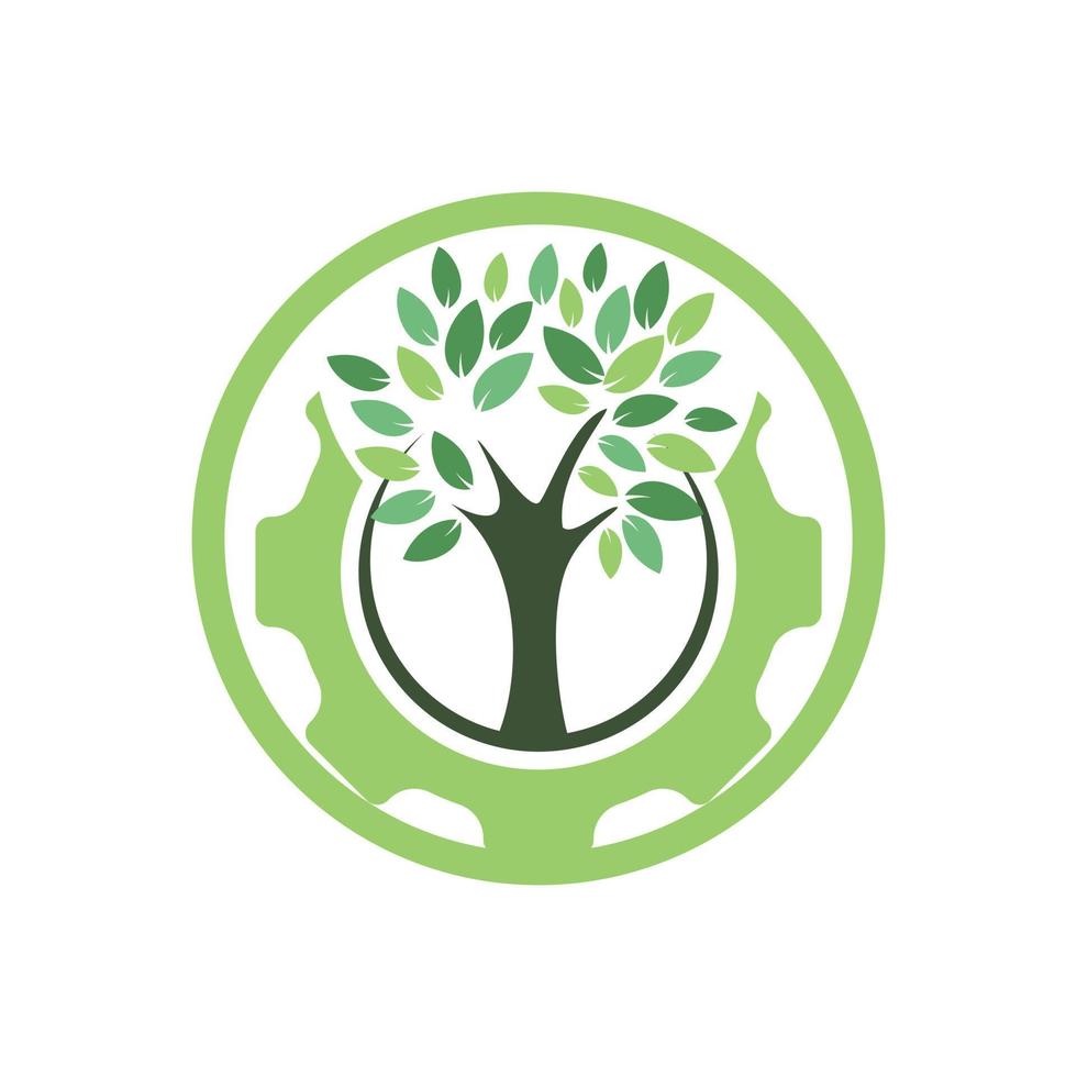 modèle de conception de logo vectoriel d'arbre à engrenages. logo de la technologie de la nature moderne. concept de logo vert eco tech et industrie.