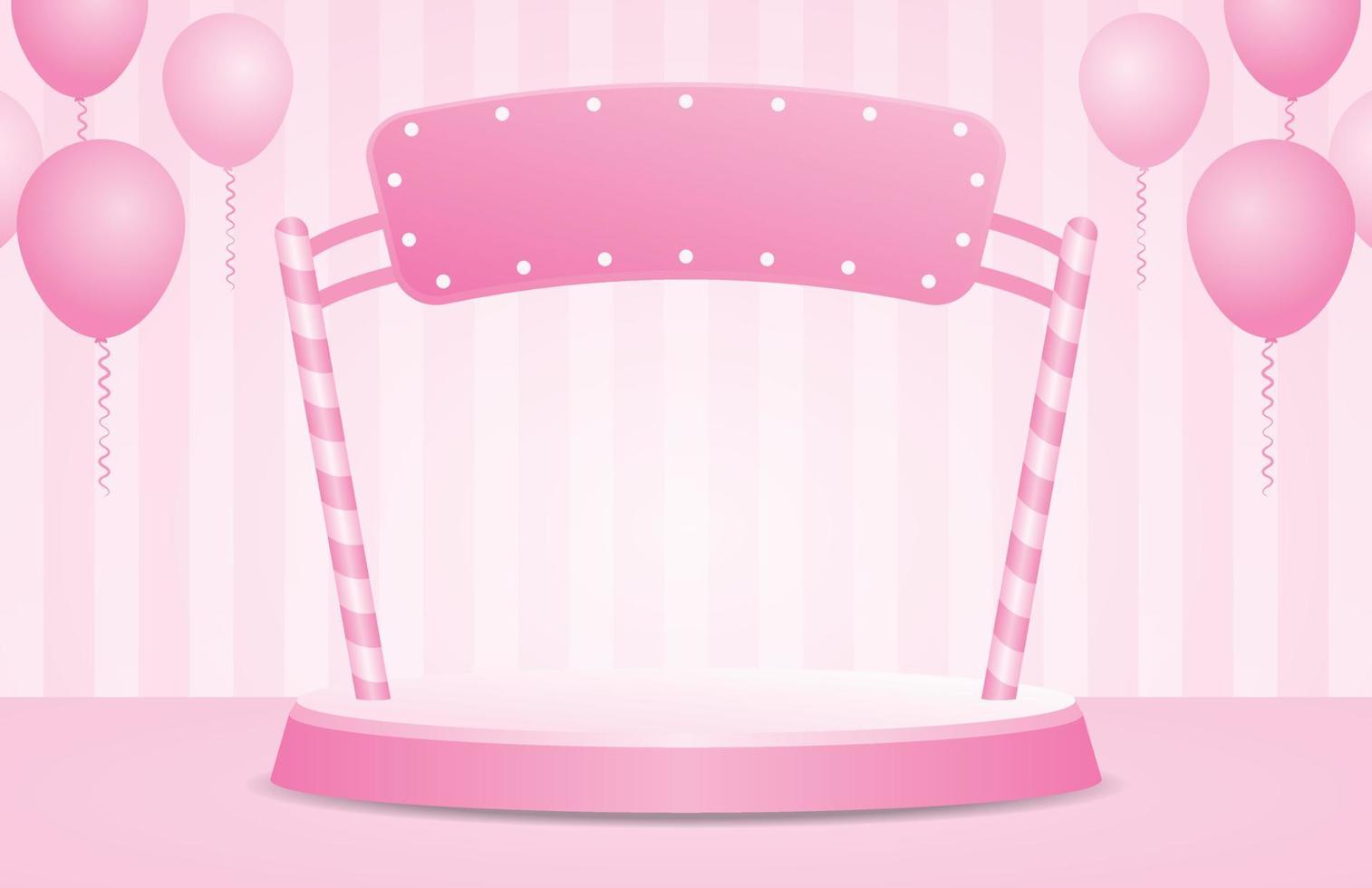 scène d'affichage du podium rose mignon avec signe d'ampoule en arc et vecteur d'illustration 3d de ballons sur un mur rayé rose pastel doux pour mettre votre objet