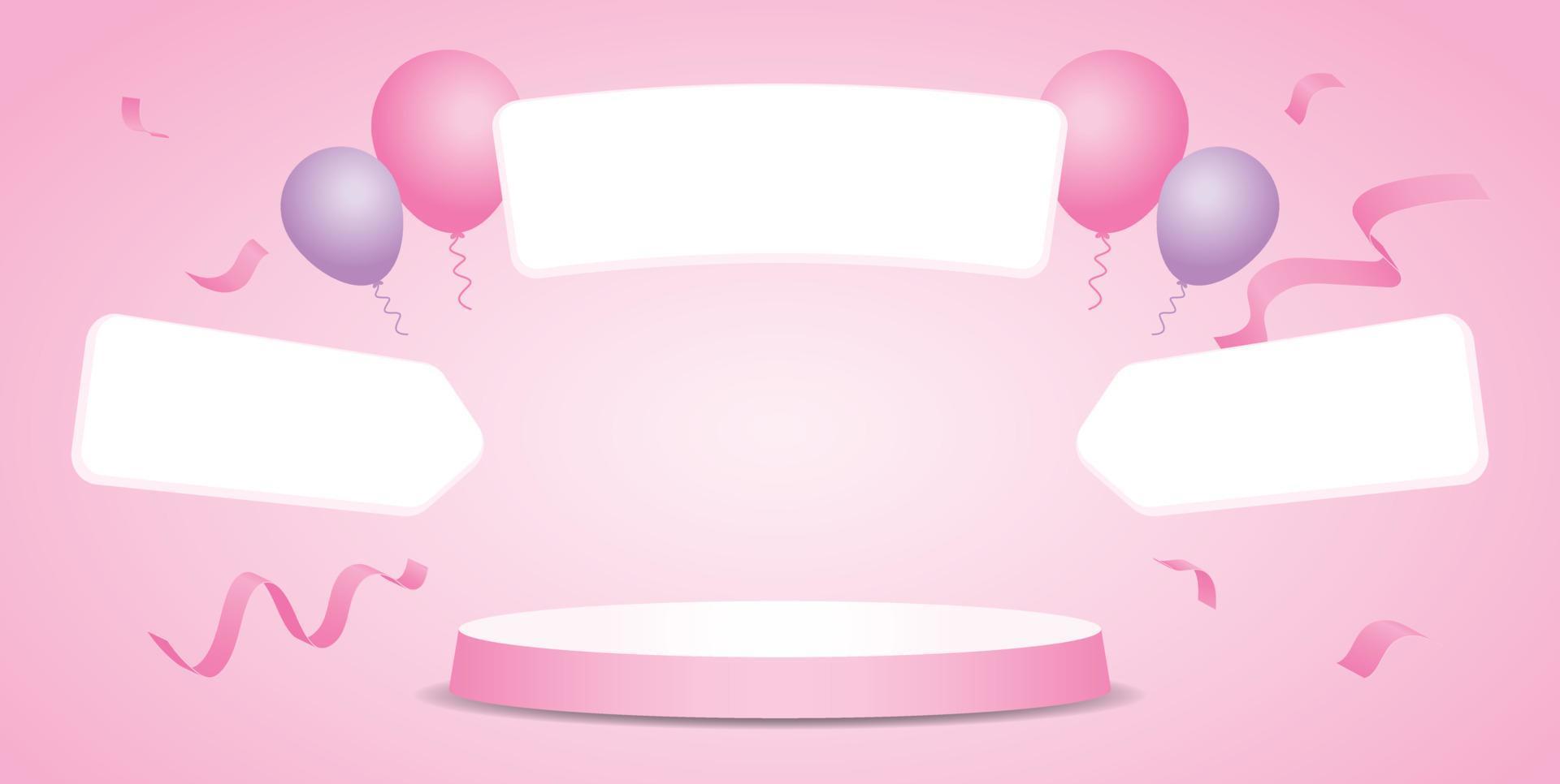 joli podium d'affichage de produit rond rose avec des ballons et des confettis et une flèche enseigne vecteur d'illustration 3d sur fond rose pastel doux pour mettre l'objet