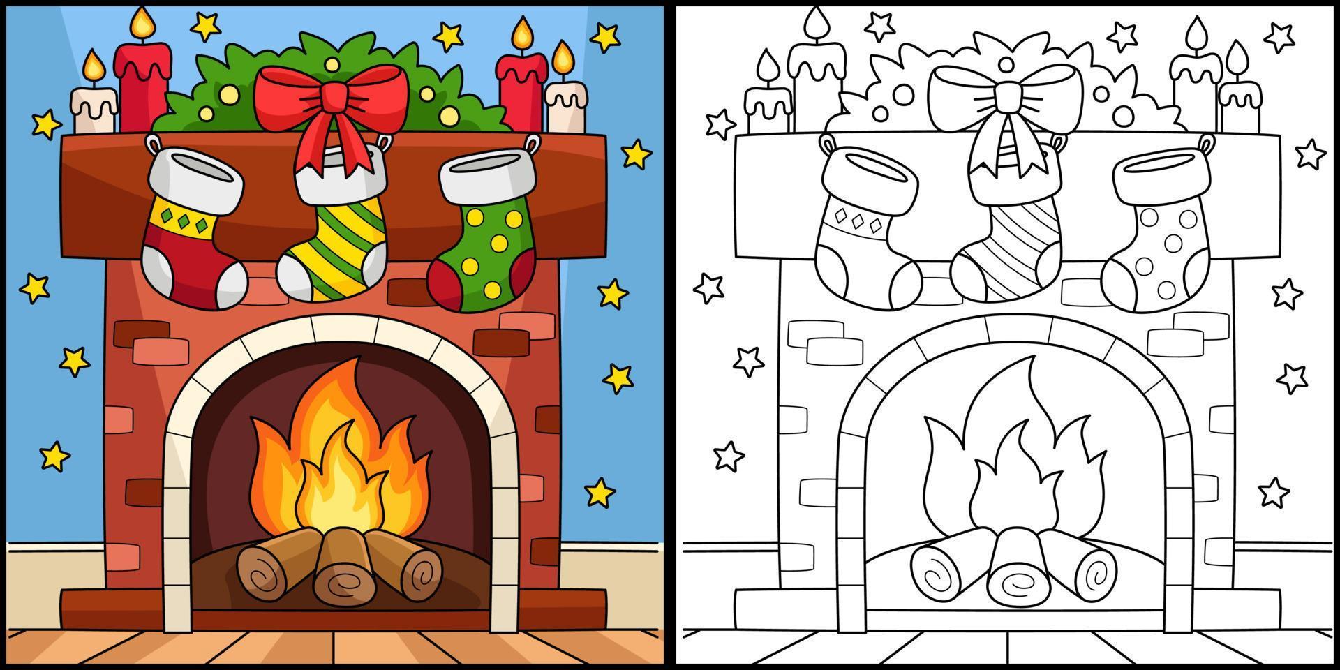 cheminée de noël avec chaussette coloriage vecteur