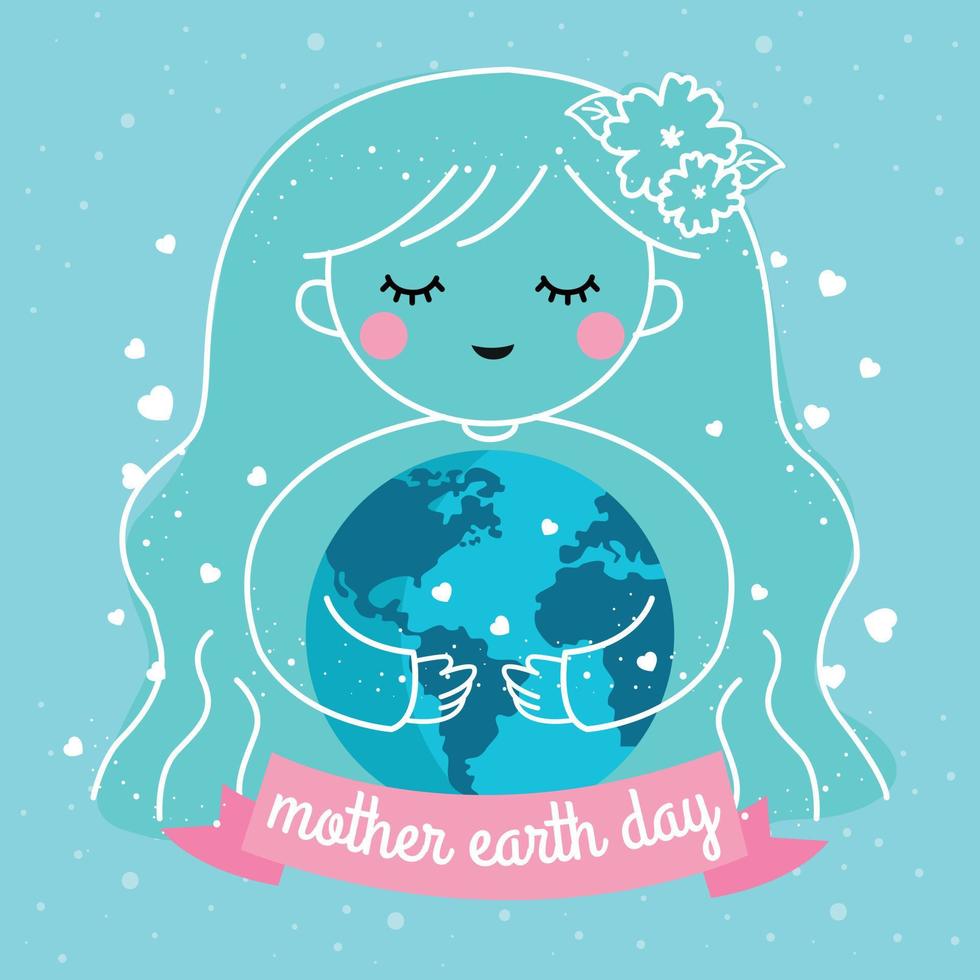illustration de carte de voeux heureuse fête de la terre mère avec la terre mère mignonne et le globe dans ses mains vecteur