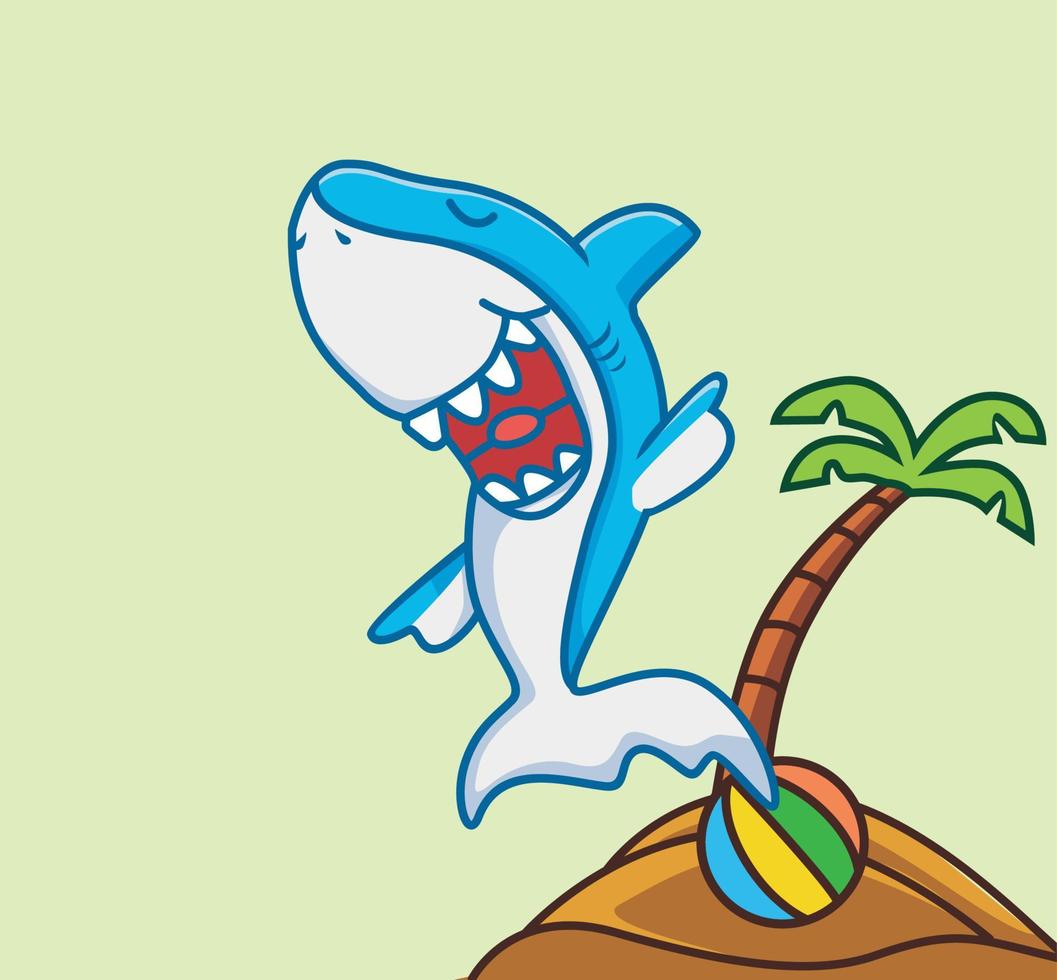 requin mignon rire heureux. dessin animé animal voyage vacances vacances été concept isolé illustration. style plat adapté au vecteur de logo premium de conception d'icône d'autocollant. personnage mascotte