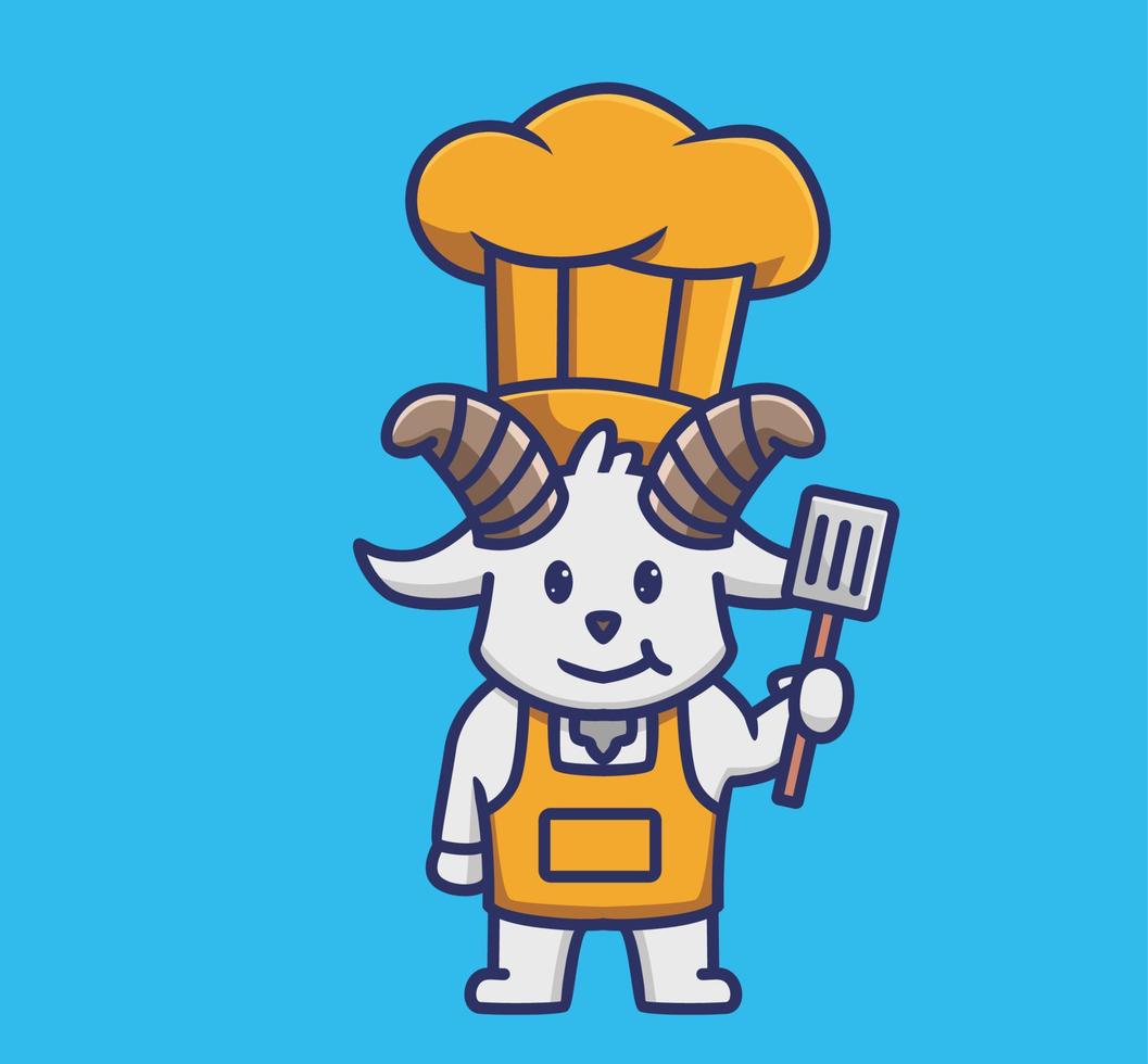 chef de chèvre mignon tenant une spatule. animal dessin animé isolé plat style autocollant web design icône illustration prime vecteur logo mascotte personnage