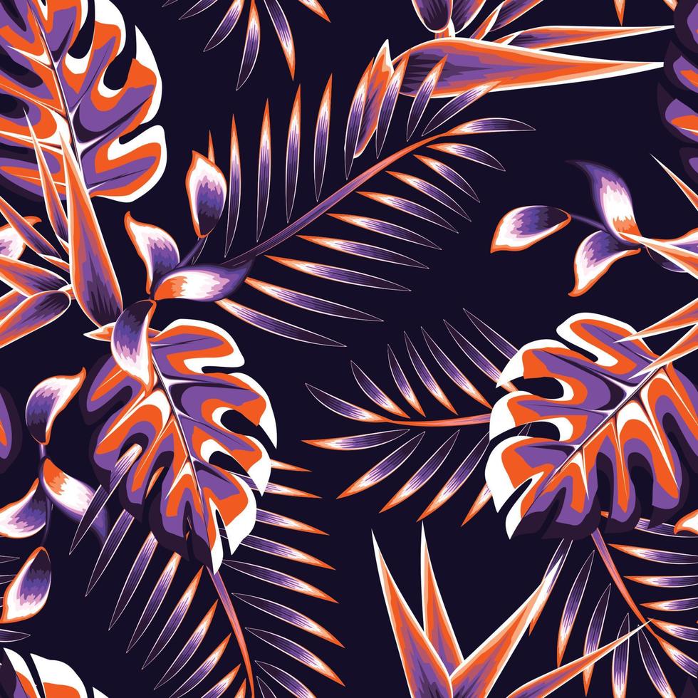 motif tropical harmonieux avec des feuilles de palmier monstera exotiques et une fleur d'oiseau de paradis sur fond sombre. fond d'écran d'illustration botanique vintage. fond d'écran nature. conception d'été. tropiques exotiques vecteur