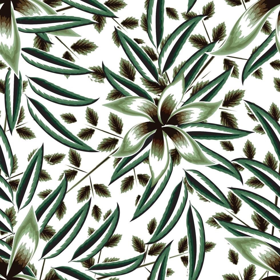 modèle sans couture de feuilles vertes avec plantes abstraites de fleurs tropicales et feuillage sur fond blanc. fond fleuri. fond d'écran nature. motif de fond tropical. fond d'écran d'automne. conception de printemps vecteur