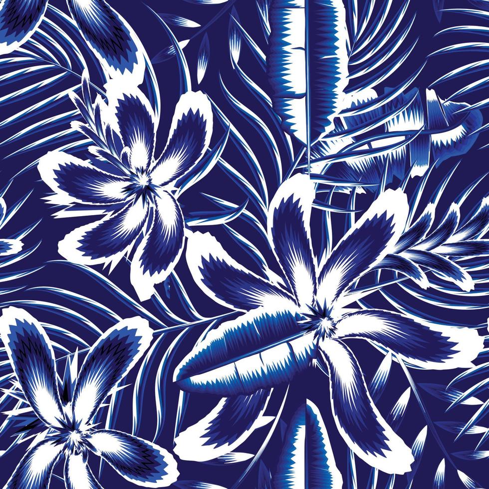 motif tropical harmonieux abstrait monochromatique bleu avec feuilles de palmier bananier clair et feuillage de plantes à fleurs hiiscus sur fond bleu foncé. imprimé jungle. fond fleuri. tropiques exotiques. été vecteur