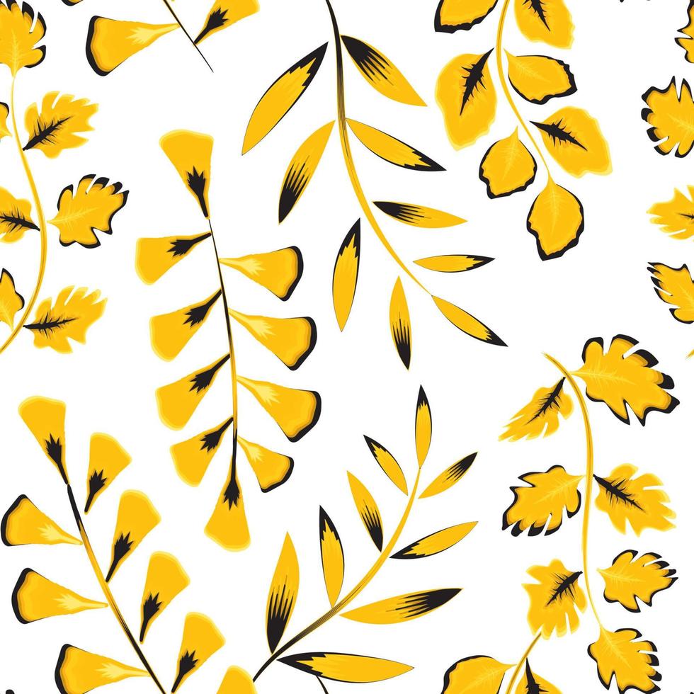 fond tropical avec des plantes jaunes laisse un motif sans couture sur fond blanc. motif de feuillage. illustration vectorielle de l'été. fond d'écran nature. fond tropical. fond d'automne. été vecteur