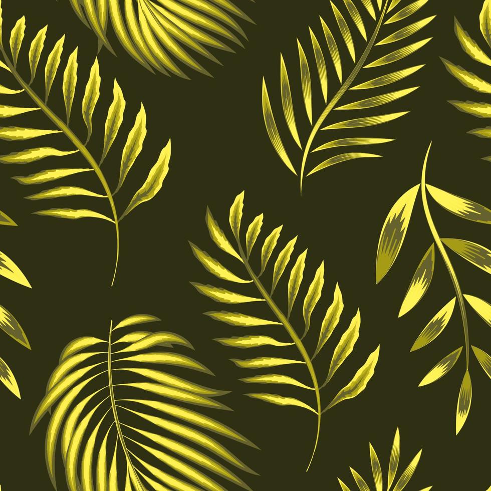 feuilles de palmier tropical et feuillage sur fond vert. feuilles de palmier vecteur modèle sans couture. illustration des éléments de la jungle. plantes exotiques. conception de plage d'été. nature jaune. couleur claire sur foncée.