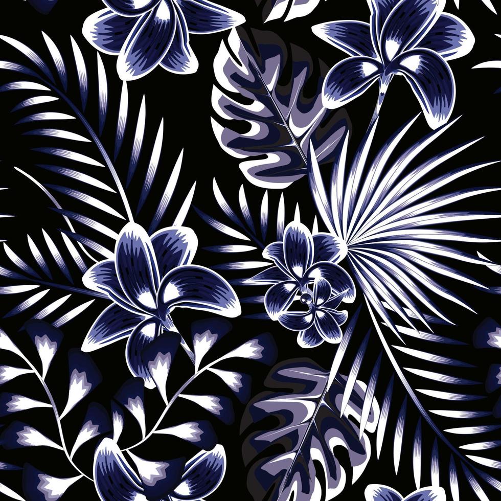 fleurs vintage légères et feuilles tropicales de couleur bleue vivante monochrome artistique. fond d'écran de plage vectorielle continue d'été sur fond sombre. motif floral tropical élégant monochromatique. exotique vecteur
