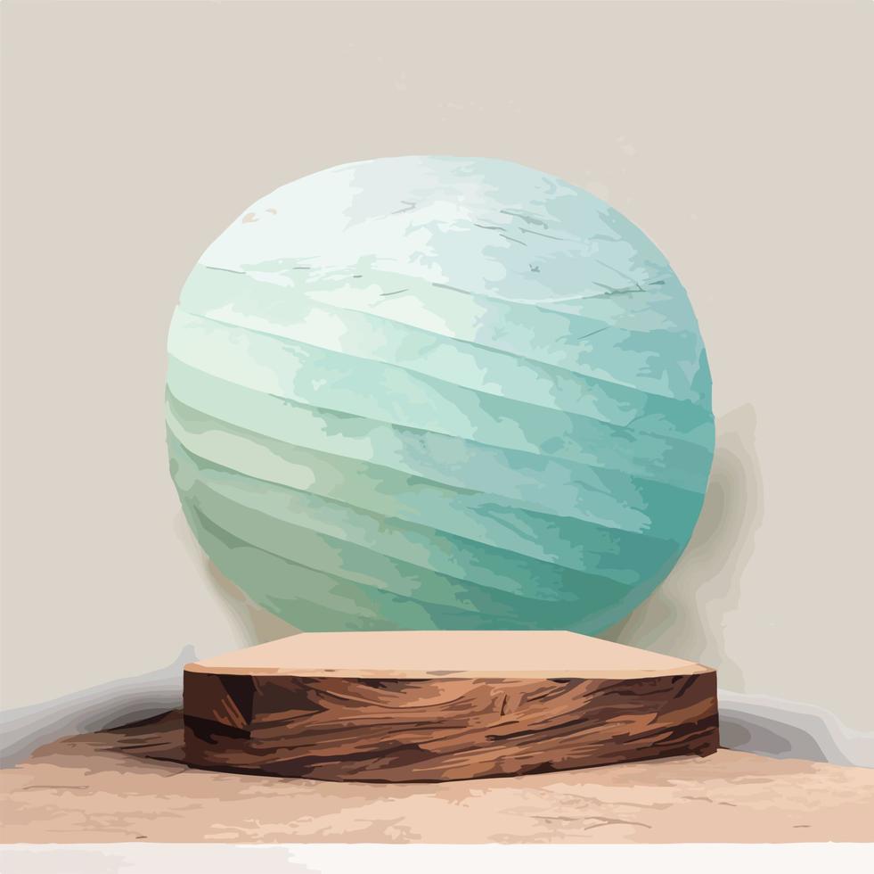 podium de piédestal d'angle rond blanc abstrait, pièce vide bleu clair avec feuille de palmier verte, sphère bleue et blanche. vecteur avec marbre texture bois