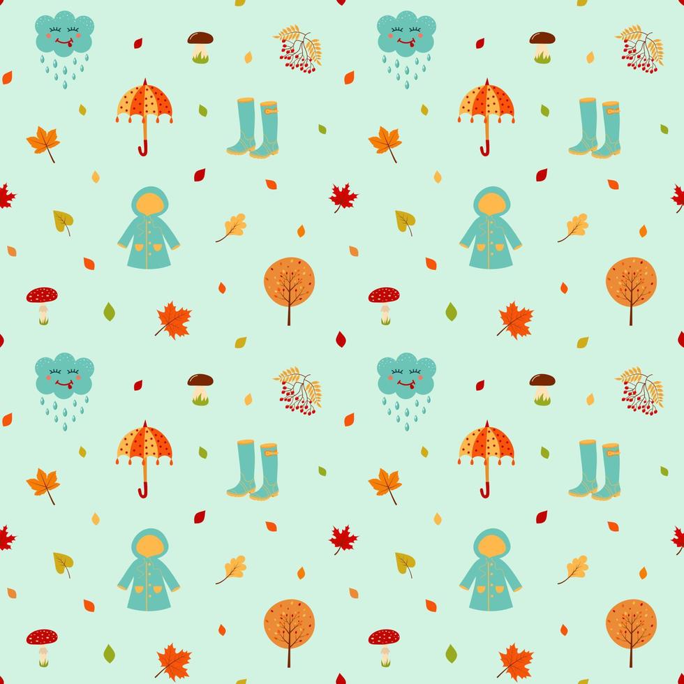 modèle sans couture avec imperméable, bottes en caoutchouc, parapluie, nuage kawaii, arbre, rowan, champignons et feuilles d'automne. vecteur