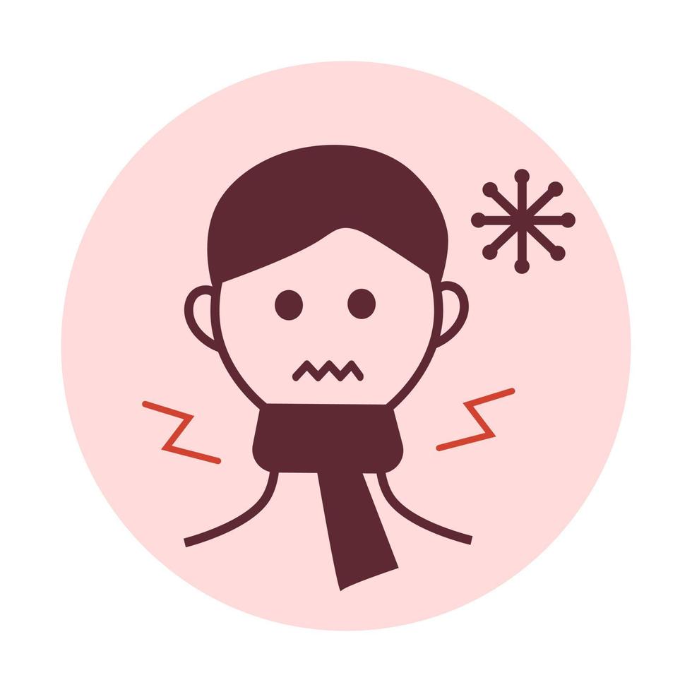 icône de frissons. un homme malade dans une écharpe chaude essaie de se réchauffer. fièvre, grippe, coronavirus, signe de symptôme de monkeypox. vecteur