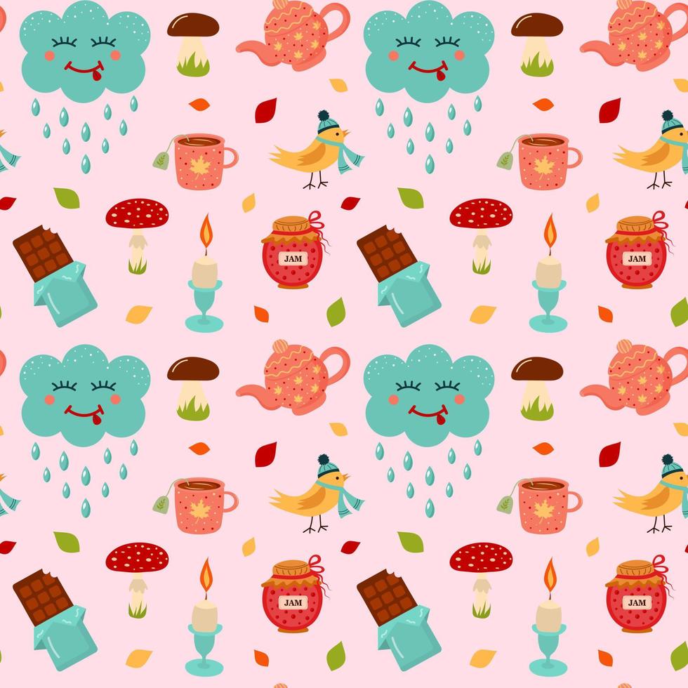 modèle sans couture avec nuage kawaii, oiseau, bougie, confiture, théière, tasse, chocolat, champignons et feuilles d'automne. vecteur