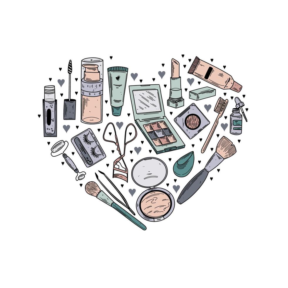 produits de beauté et cosmétiques fond d'art clip doodle dessiné à la main en forme de coeur vecteur