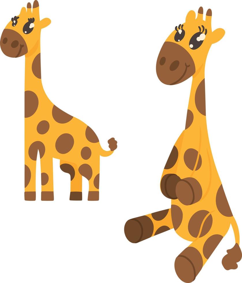 jolie girafe jaune tachetée sur fond blanc se dresse et s'assoit. illustration vectorielle. image à utiliser dans la conception de sites d'affiches de menus de produits pour enfants. élément de conception vecteur