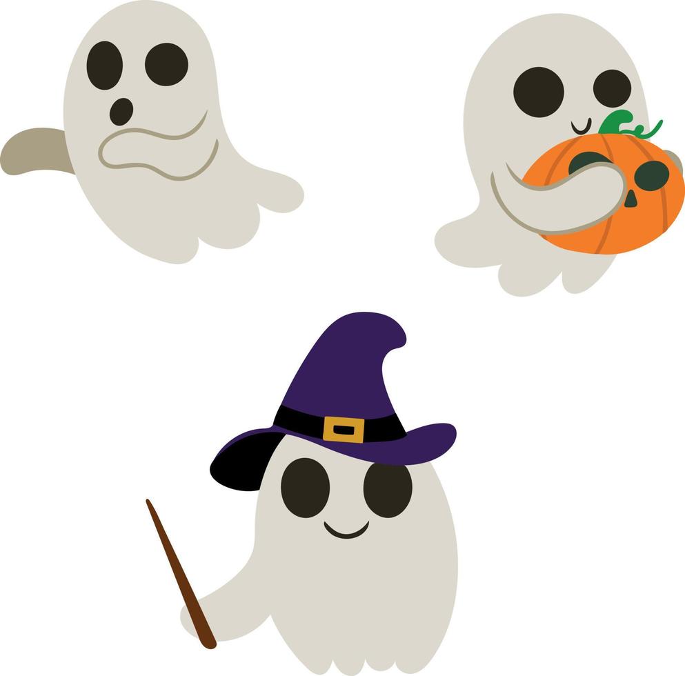 ensemble de fantômes d'halloween mignons avec chapeau de sorcière citrouille et baguette magique. élément de conception isolé sur fond blanc. illustration vectorielle vecteur