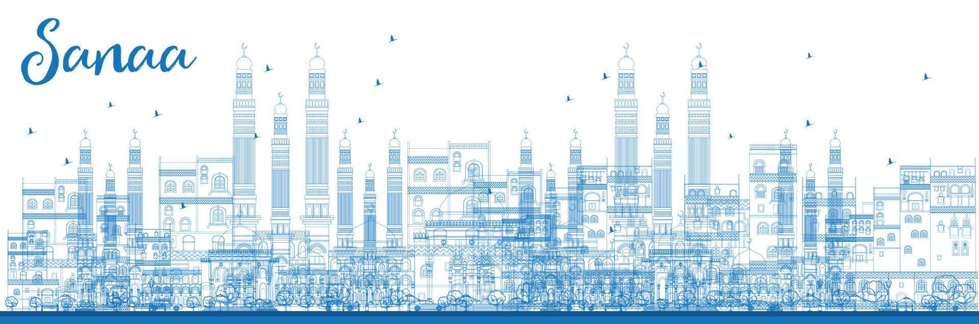 contour de l'horizon de sanaa yémen avec des bâtiments bleus. vecteur