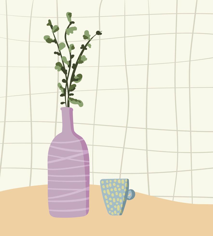 illustration vectorielle plane, vase avec plante et tasse sur fond à carreaux. nature morte simple dessinée à la main vecteur