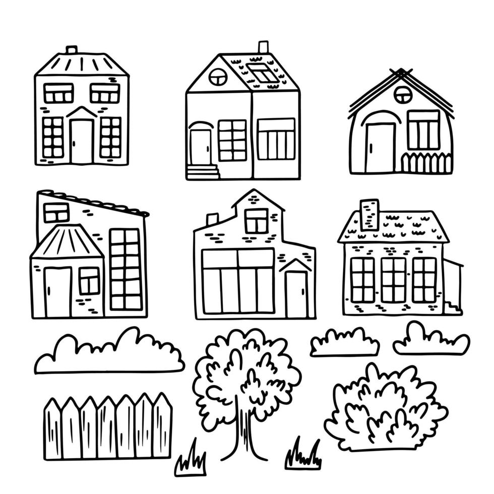 ensemble de jolies maisons isolées sur fond blanc. croquis dessiné à la main dans un style doodle. image vectorielle, clipart, détails modifiables. maisons pour les livres à colorier. vecteur