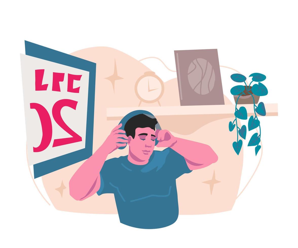 homme au casque écoutant un podcast éducatif ou divertissant ou un cours en ligne à la maison. enseignement à distance et enseignement en ligne, webinaire de formation sur internet. illustration de vecteur plat isolé.