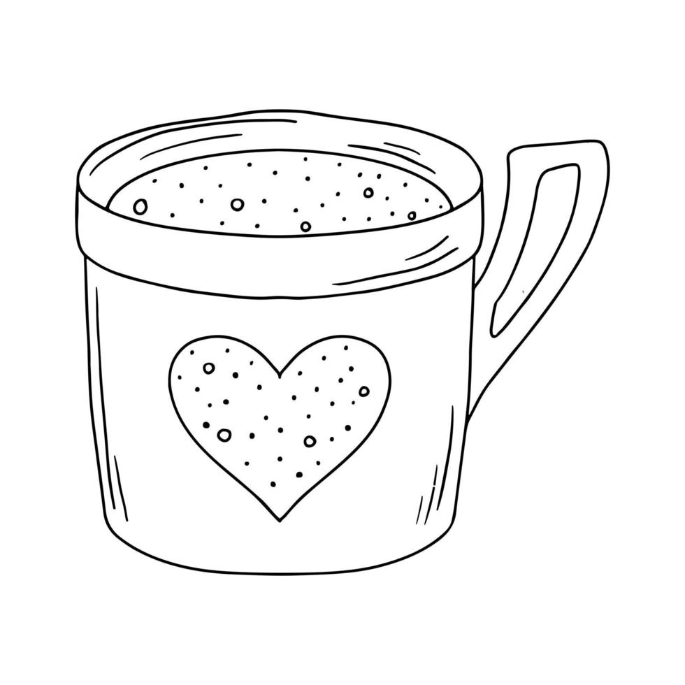 tasse de thé ou de café décorée de coeur. illustration dans le style de doodle dessiné à la main. vecteur isolé sur fond blanc.
