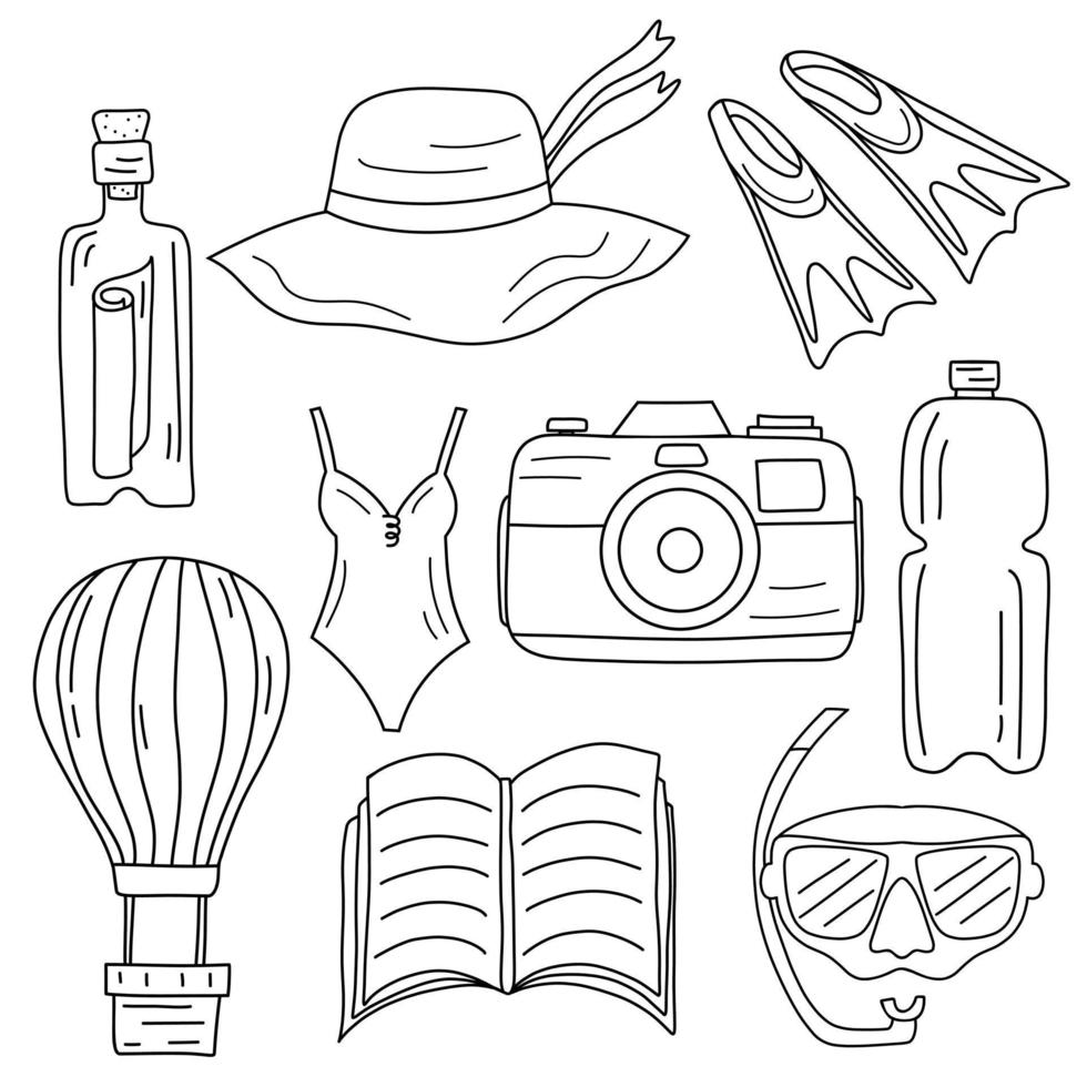 ensemble d'éléments de voyage dessinés à la main dans un style de croquis de doodle. illustration mignonne pour toute conception de sites Web. vecteur