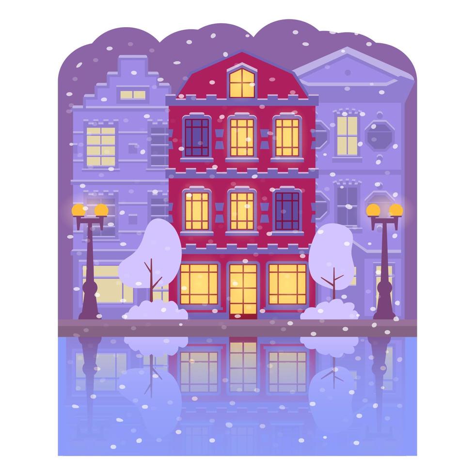 nuit hiver heure amsterdam house.les bâtiments se reflètent dans la rivière.vector illustration plate.lanternes rougeoyantes. vecteur