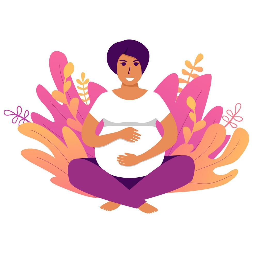 femme enceinte fait du yoga.concept pour la méditation de caractère de yoga. pose de lotus girl.isolated sur fond blanc. illustration plate de vecteur. vecteur