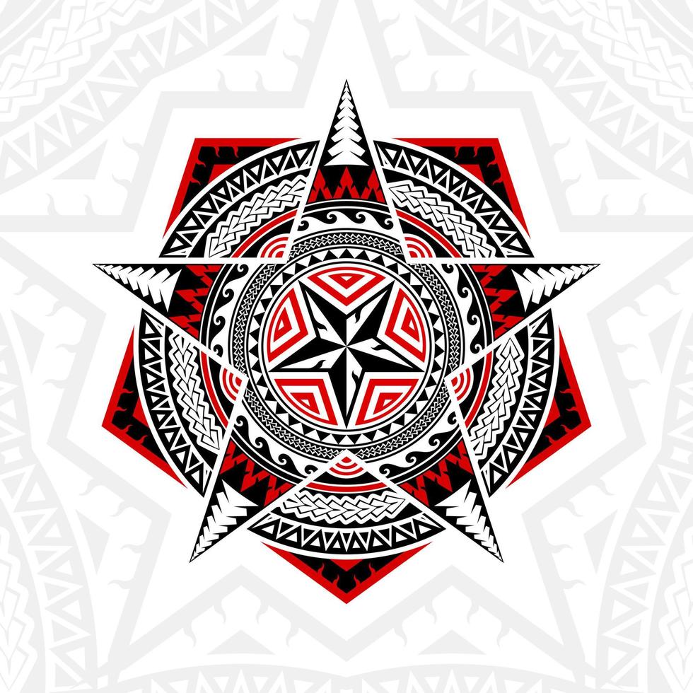 formes géométriques, pentagone, étoile à cinq branches et cercles, dans des styles mixtes d'art thaïlandais, d'art polynésien, d'art de mandala, de noir et de rouge. vecteur