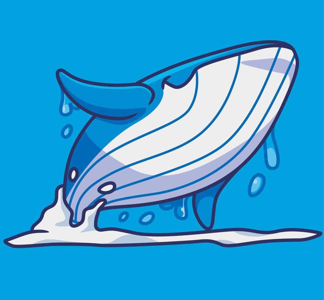 jolie baleine bleue sautant derrière. illustration d'animal de dessin animé isolé. vecteur de logo premium de conception d'icône d'autocollant de style plat. personnage mascotte