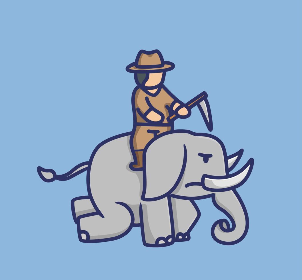 éléphant mignon et son maître. icône d'illustration de style dessin animé plat animal mascotte de logo vectoriel premium adapté au caractère de bannière de conception web