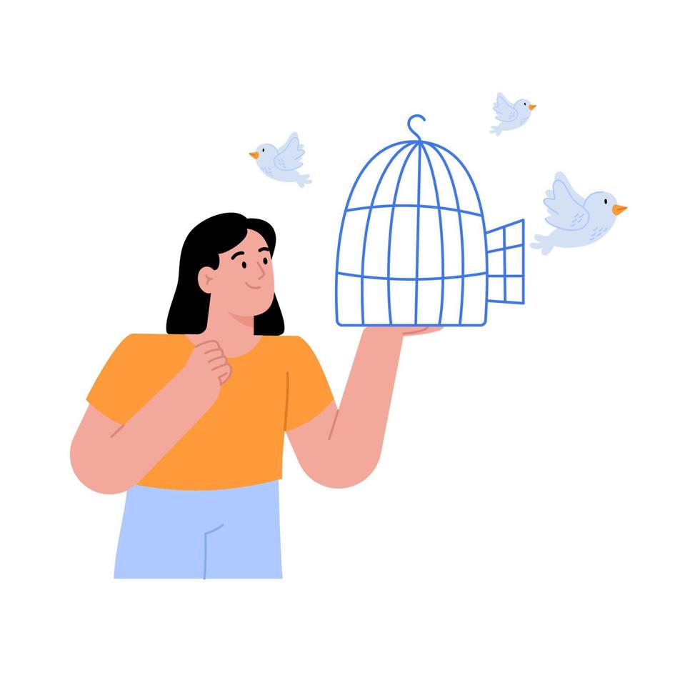 symbole de paix avec femme libérer l'oiseau de la cage vecteur