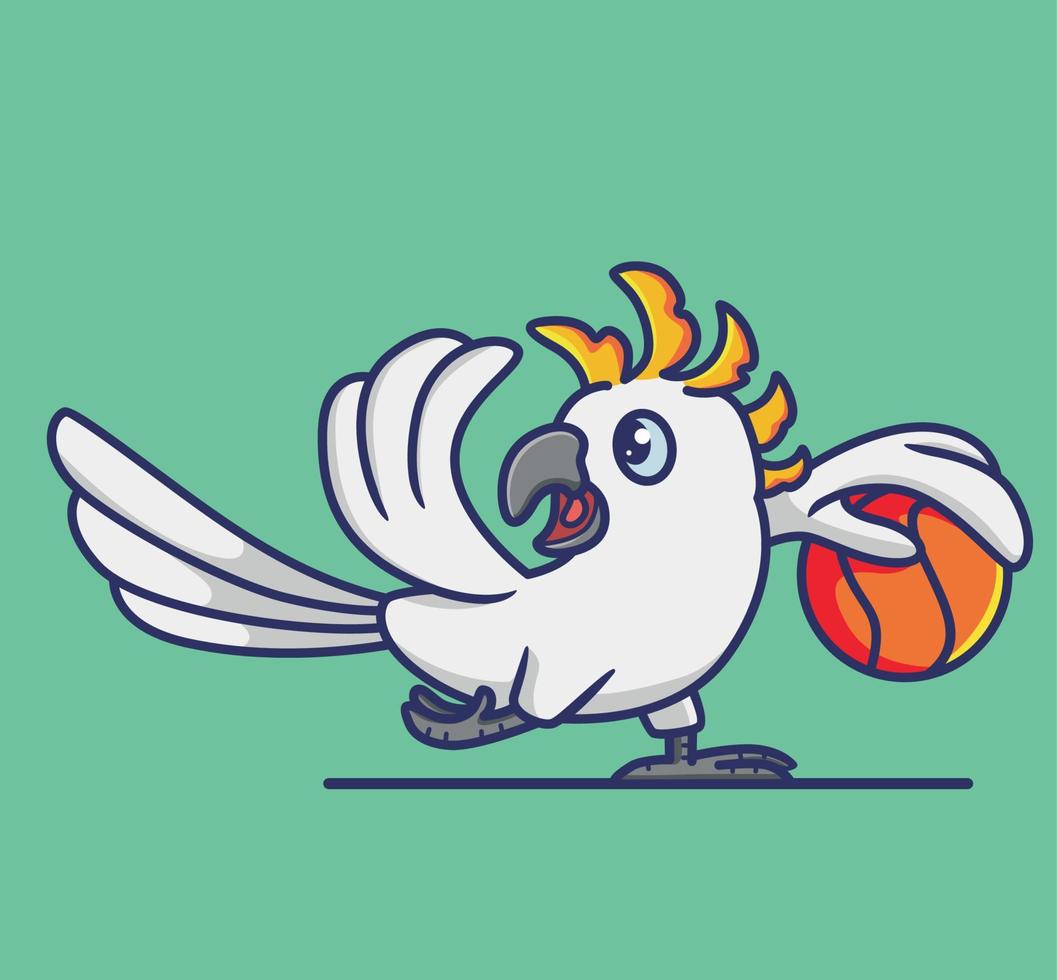 oiseau perroquet mignon jouant au basket. icône d'illustration de style dessin animé plat animal mascotte de logo vectoriel premium adapté au caractère de bannière de conception web